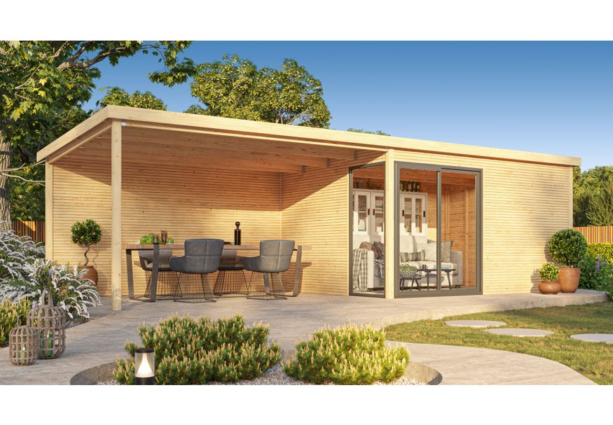 Solid Biarritz tuinhuis met overkapping 798x304 cm - hogedruk geïmpregneerd Foto van Solid Biarritz tuinhuis met overkapping 798x304 cm - hogedruk geïmpregneerd