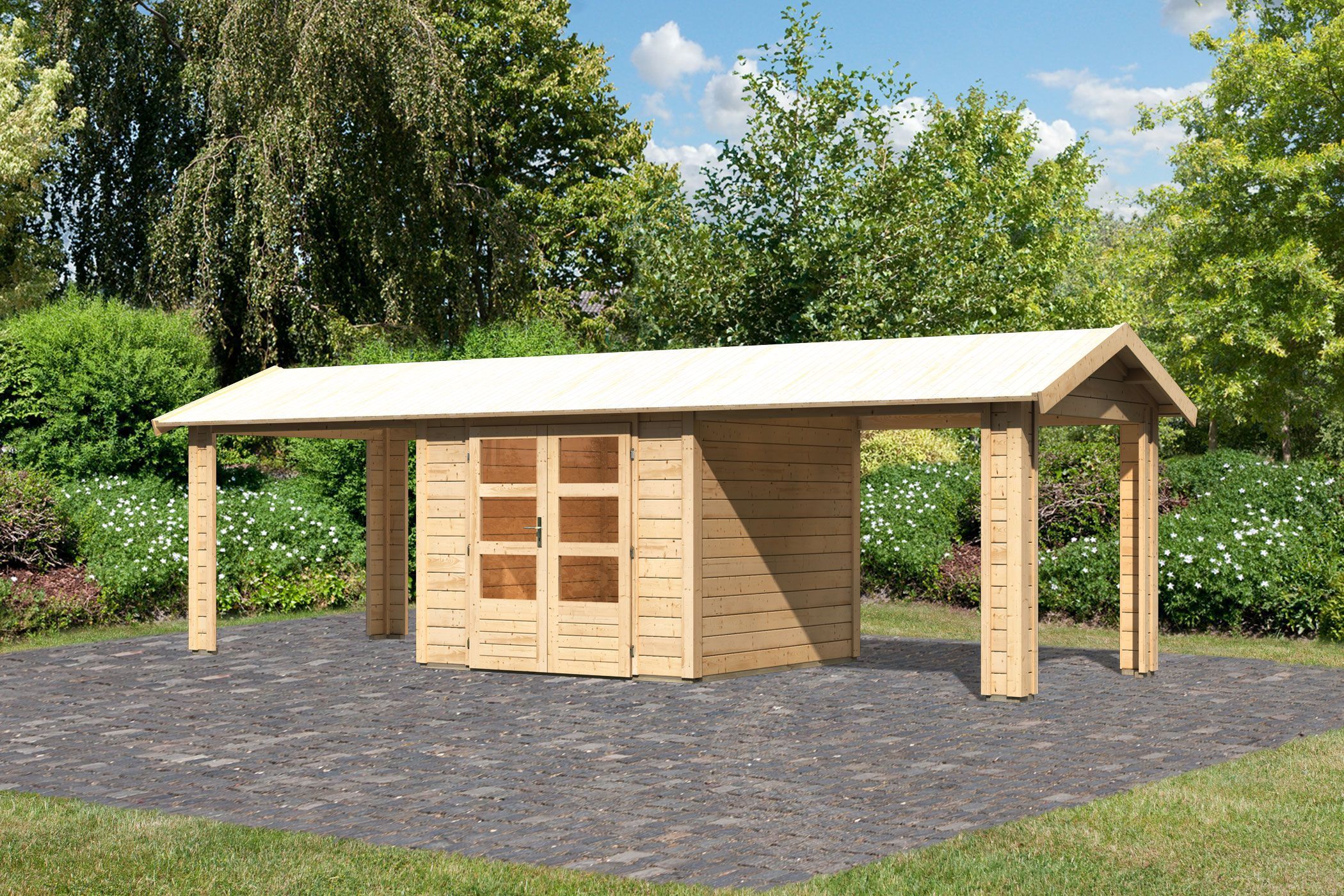 Foto der Karibu 31456 Gartenhaus mit Anbaudach Theres 3