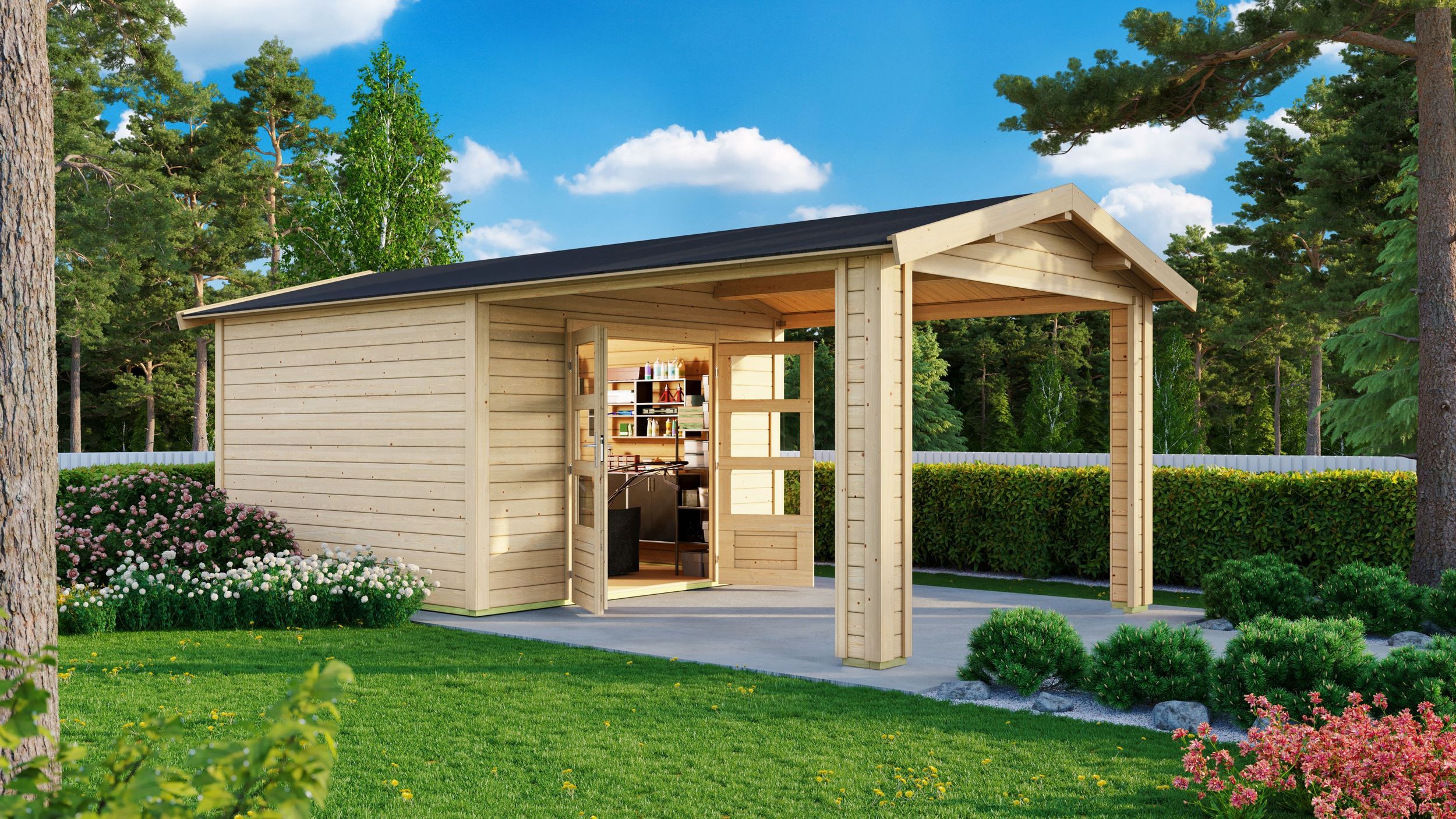 Foto der Karibu 31448 Gartenhaus mit Anbaudach Theres 3