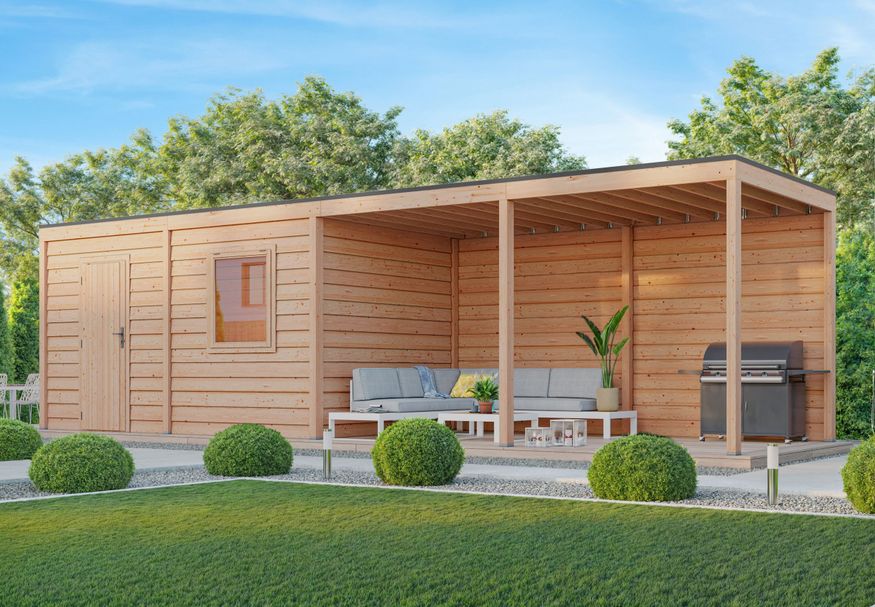 WoodAcademy tuinhuis met overkapping Nefriet Essential 980x300 cm Foto van WoodAcademy tuinhuis met overkapping Nefriet Essential 980x300 cm