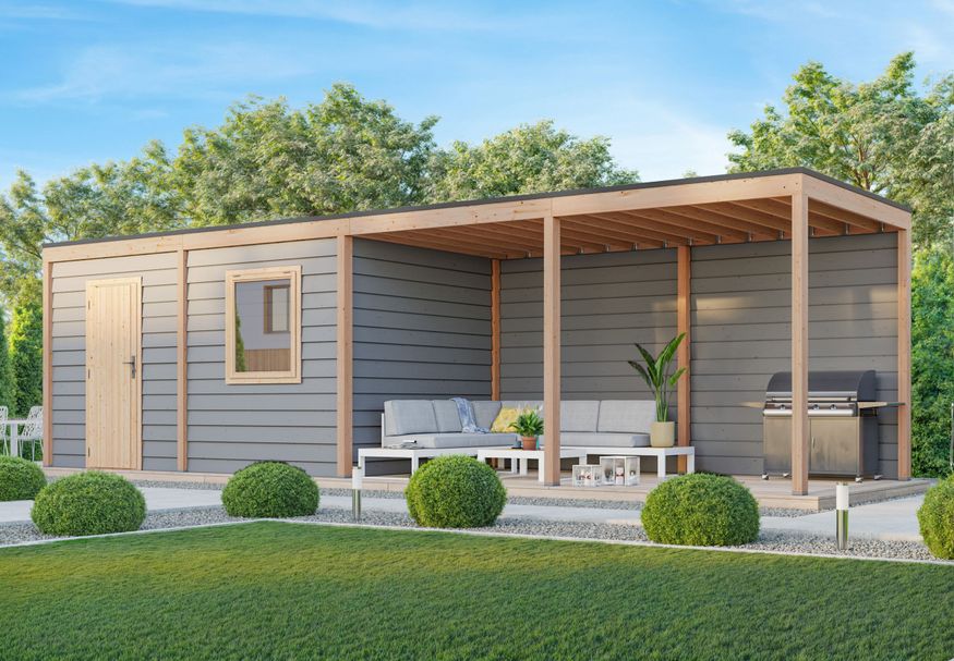 WoodAcademy tuinhuis met overkapping Nefriet Essential grigio 980x300 cm Foto van WoodAcademy tuinhuis met overkapping Nefriet Essential grigio 980x300 cm