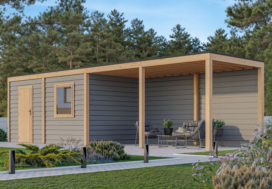 WoodAcademy Gartenhaus mit Überdachung Nefriet Essential grigio 1180x300 cm Foto von WoodAcademy Gartenhaus mit Überdachung Nefriet Essential grigio 1180x300 cm