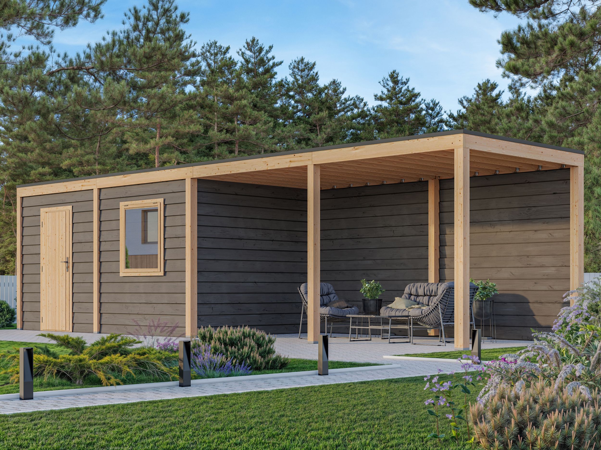 Foto der WoodAcademy Gartenhaus mit Überdachung Nefriet Essential nero