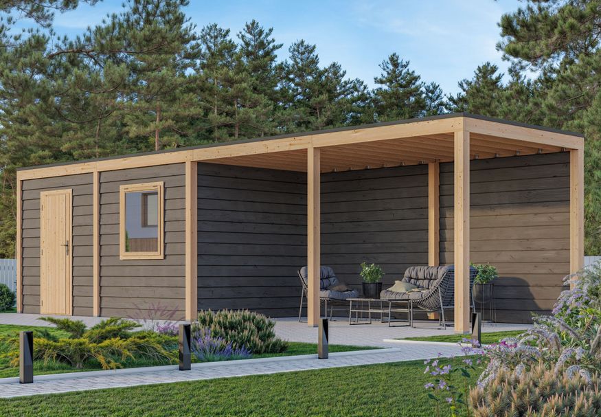 WoodAcademy Gartenhaus mit Überdachung Nefriet Essential nero 1180x400 cm Foto von WoodAcademy Gartenhaus mit Überdachung Nefriet Essential nero 1180x400 cm