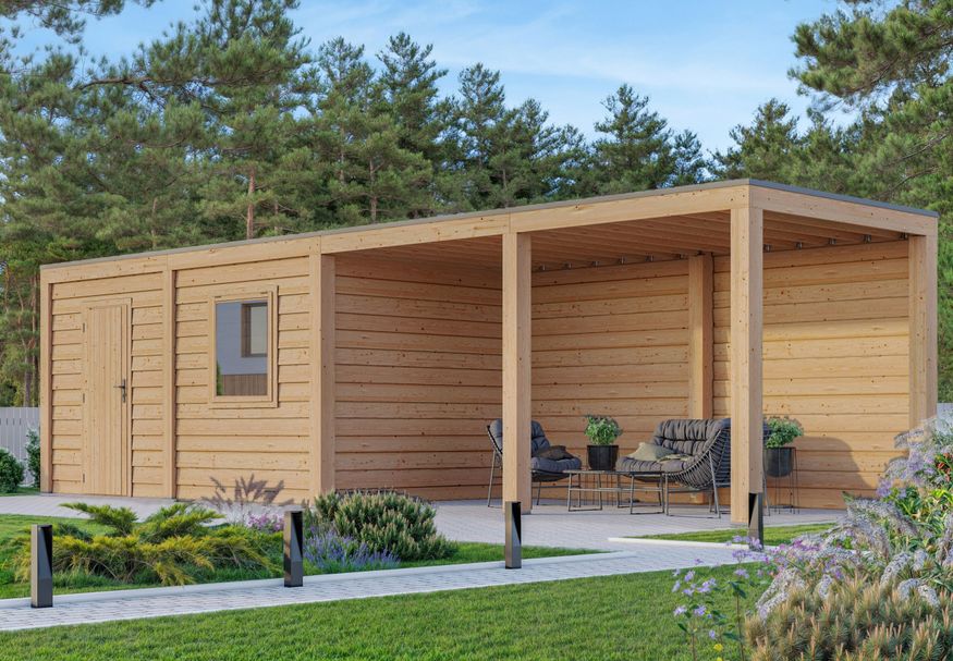 WoodAcademy tuinhuis met overkapping Nefriet Excellent 980x300 cm Foto van WoodAcademy tuinhuis met overkapping Nefriet Excellent 980x300 cm