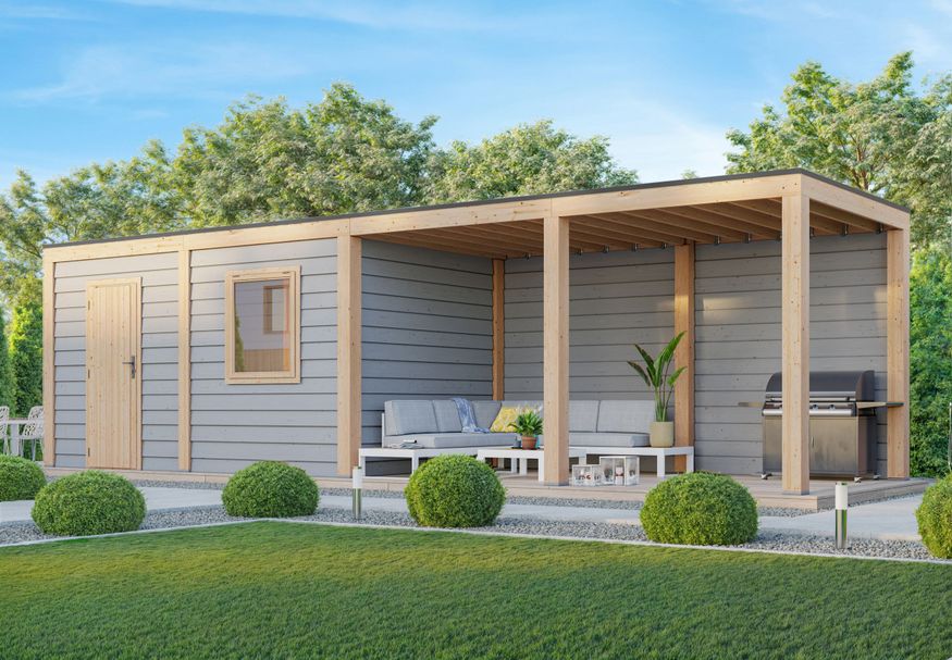 WoodAcademy tuinhuis met overkapping Nefriet Excellent grigio 980x300 cm Foto van WoodAcademy tuinhuis met overkapping Nefriet Excellent grigio 980x300 cm