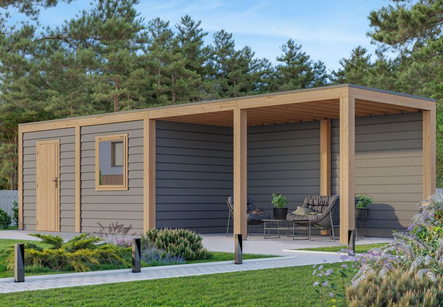 WoodAcademy tuinhuis met overkapping Nefriet Excellent grigio 1180x300 cm Foto van WoodAcademy tuinhuis met overkapping Nefriet Excellent grigio 1180x300 cm