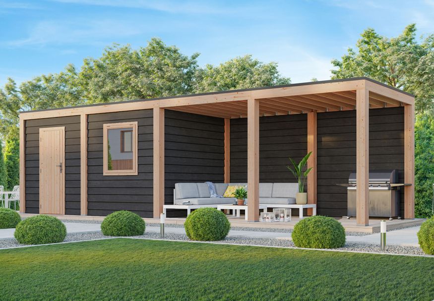 WoodAcademy tuinhuis met overkapping Nefriet Excellent nero 980x300 cm Foto van WoodAcademy tuinhuis met overkapping Nefriet Excellent nero 980x300 cm