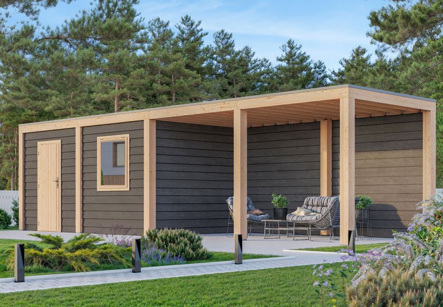 WoodAcademy tuinhuis met overkapping Nefriet Excellent nero 1180x400 cm Foto van WoodAcademy tuinhuis met overkapping Nefriet Excellent nero 1180x400 cm