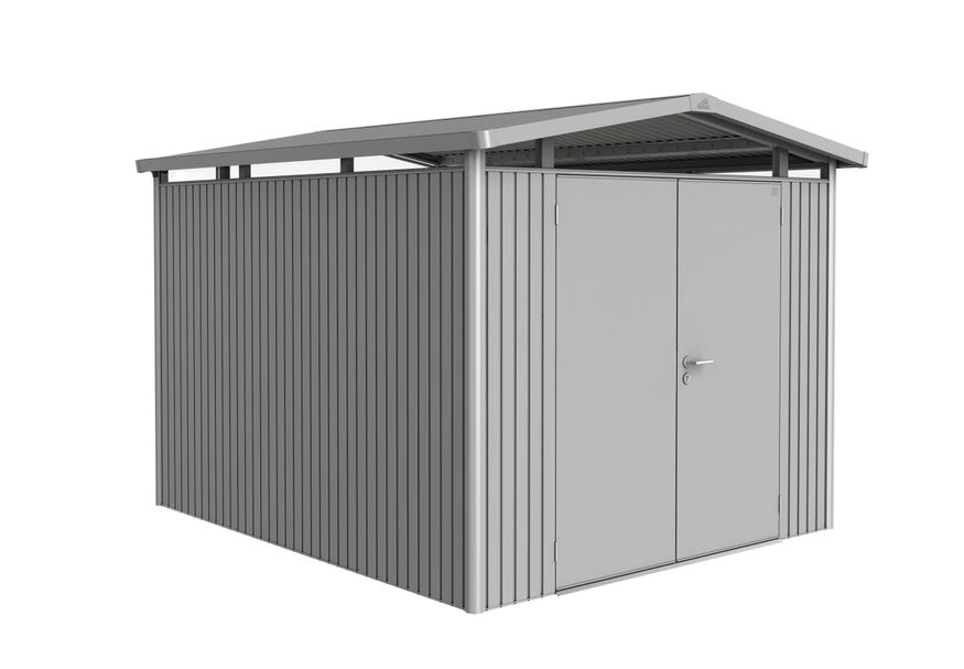Biohort Panorama P5 metalen tuinhuis zilver metallic dubbele deur Foto van Biohort Panorama P5 metalen tuinhuis zilver metallic dubbele deur