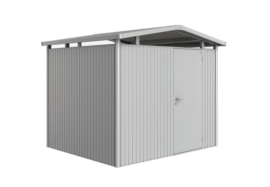 Biohort Panorama P3 metalen tuinhuis zilver metallic enkele deur Foto van Biohort Panorama P3 metalen tuinhuis zilver metallic enkele deur