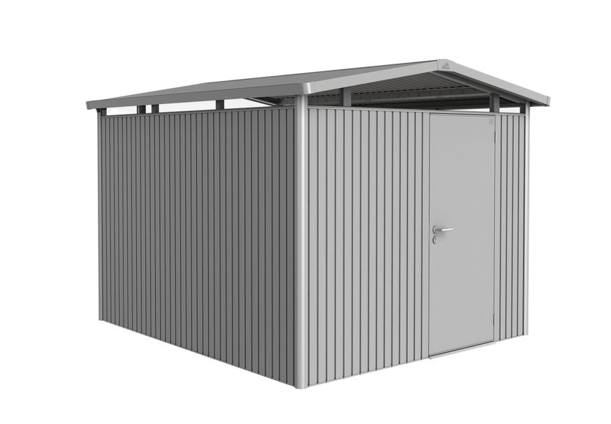 Biohort Panorama P5 metalen tuinhuis zilver metallic enkele deur Foto van Biohort Panorama P5 metalen tuinhuis zilver metallic enkele deur