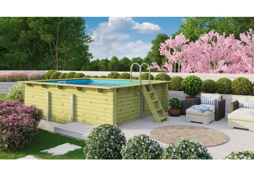Karibu houten zwembad Classic 2 440 x 350 x 124 cm - blauwe liner + skimmer Foto van Karibu houten zwembad Classic 2 440 x 350 x 124 cm - blauwe liner + skimmer