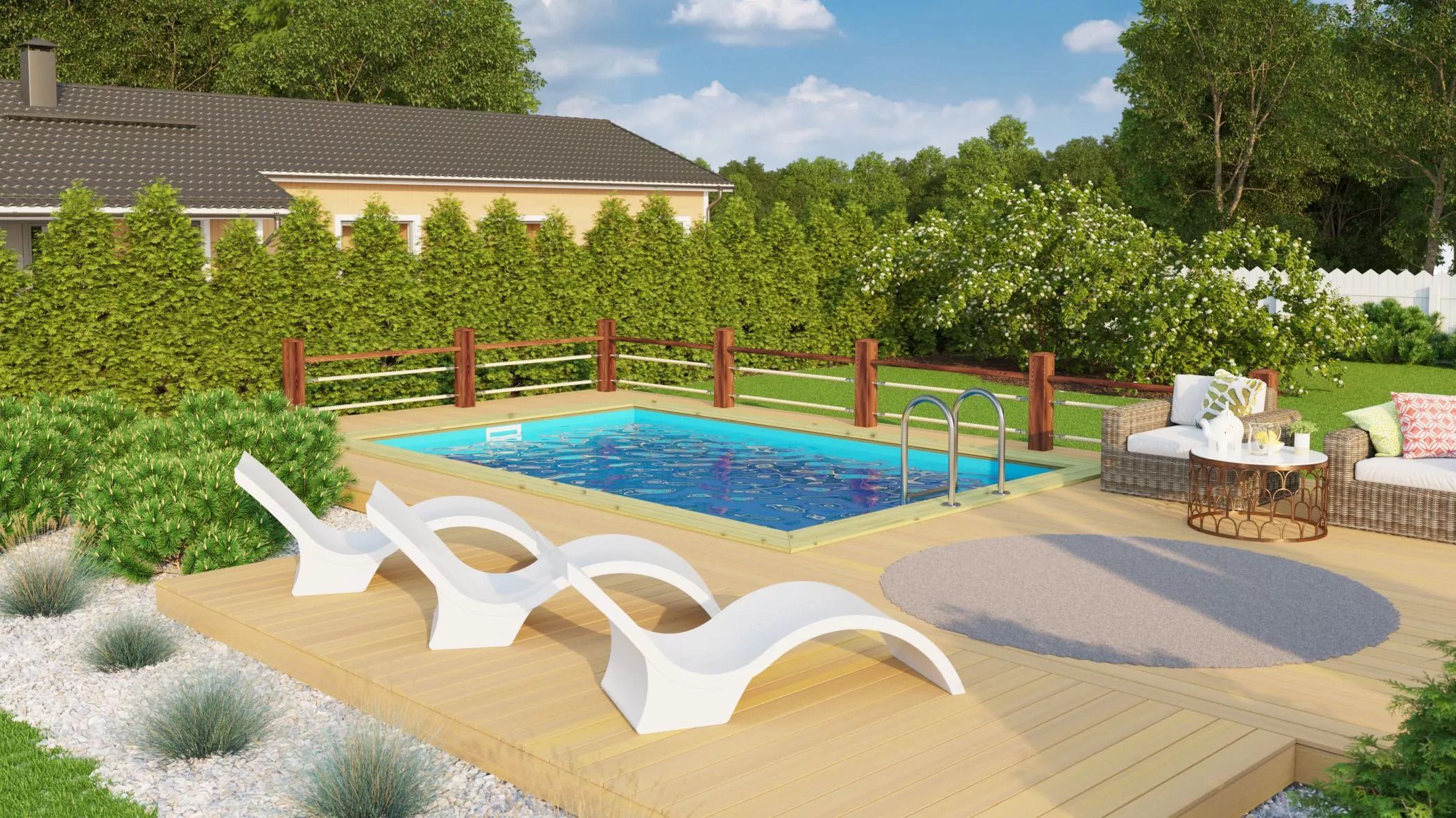 Foto van Karibu houten zwembad Classic 3 met blauwe liner + skimmer