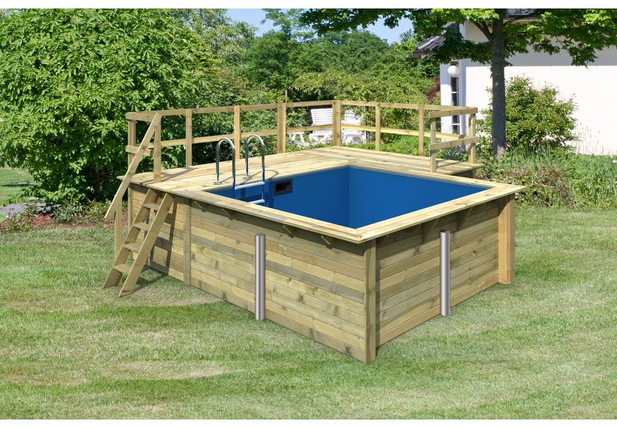 Karibu houten zwembad Classic 1B 462 x 353 x 124 cm - blauwe liner + skimmer + terras Foto van Karibu houten zwembad Classic 1B 462 x 353 x 124 cm - blauwe liner + skimmer + terras