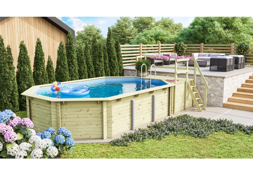 Karibu houten zwembad 4C 690 x 400 x 124 cm - blauwe liner + skimmer + terras Foto van Karibu houten zwembad 4C 690 x 400 x 124 cm - blauwe liner + skimmer + terras