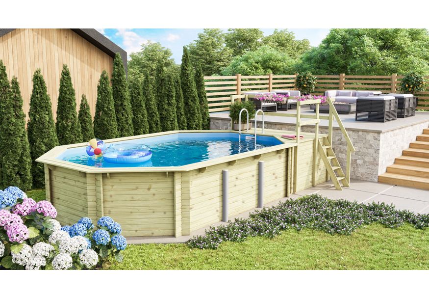 Karibu houten zwembad 4D 690 x 400 x 124 cm - blauwe liner + skimmer + terras Foto van Karibu houten zwembad 4D 690 x 400 x 124 cm - blauwe liner + skimmer + terras
