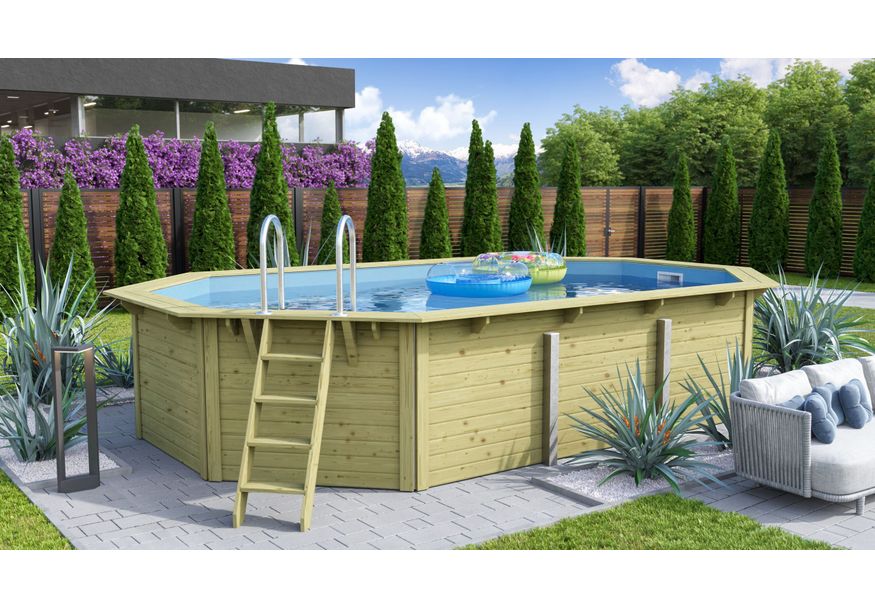 Karibu houten zwembad X4 610 x 400 x 124 cm - blauwe liner + skimmer Foto van Karibu houten zwembad X4 610 x 400 x 124 cm - blauwe liner + skimmer