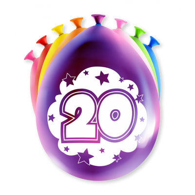 Ballonnen 20 jaar (30cm) 8st verschillende kleuren 