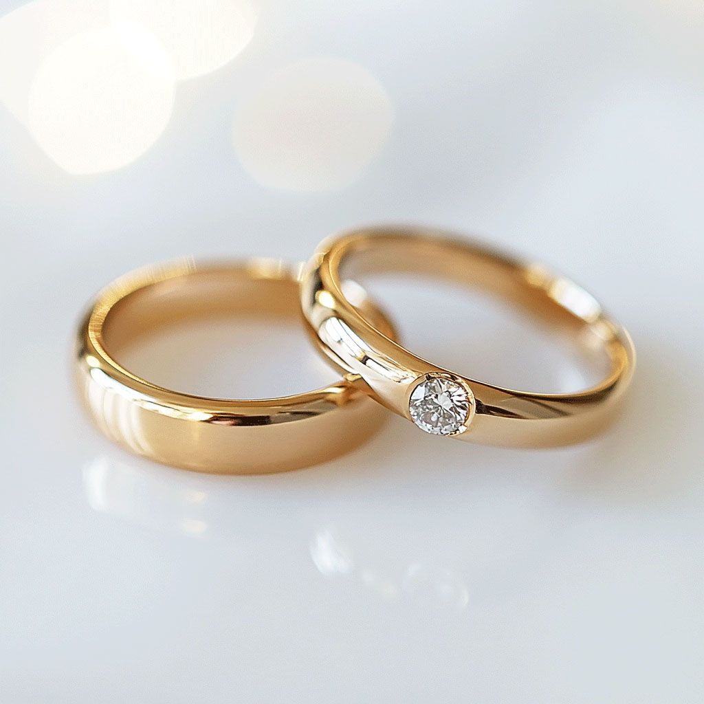 set of golden wedding rings with small diamond