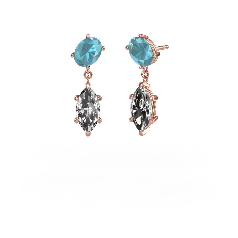 Pendants d'oreilles Toi et Moi OVL-MRQ 585 or rose topaze bleue 8x6 mm
