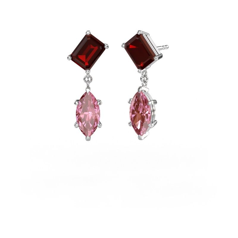 Pendants d'oreilles Toi et Moi EME MRQ 585 or blanc grenat 8x6 mm