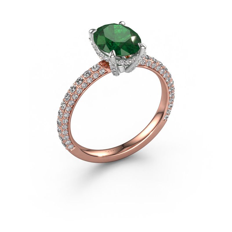 Verlovingsring Saskia 2 OVL 585 rosé goud smaragd 9x7 mm