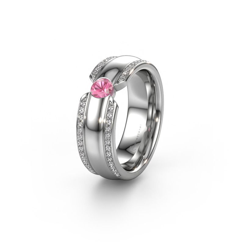 Trouwring WHR0575L 585 witgoud roze saffier ±7 x 2 mm