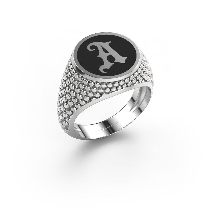 Monogram ring Zachary 585 witgoud zwarte emaille
