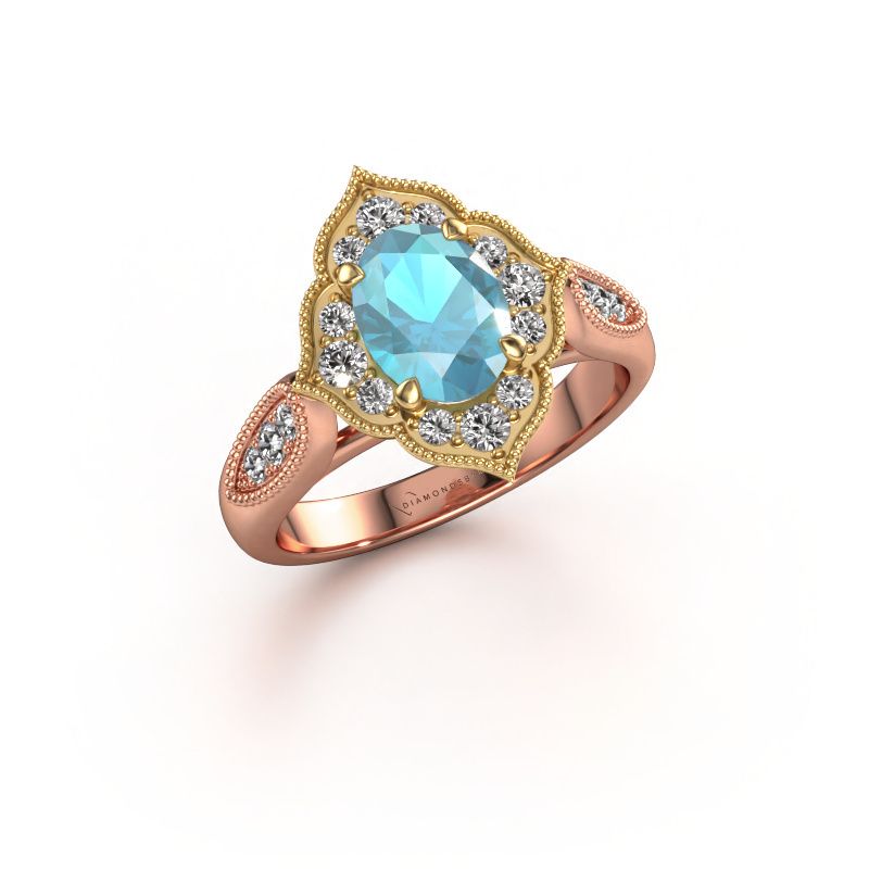 Verlovingsring Rosan 585 rosé goud blauw topaas 8x6 mm