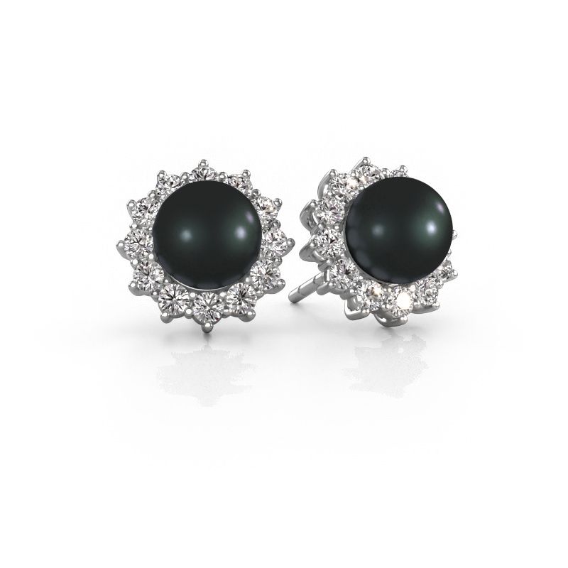 Boucles d'oreilles Tess 585 or blanc perle noire 5 mm