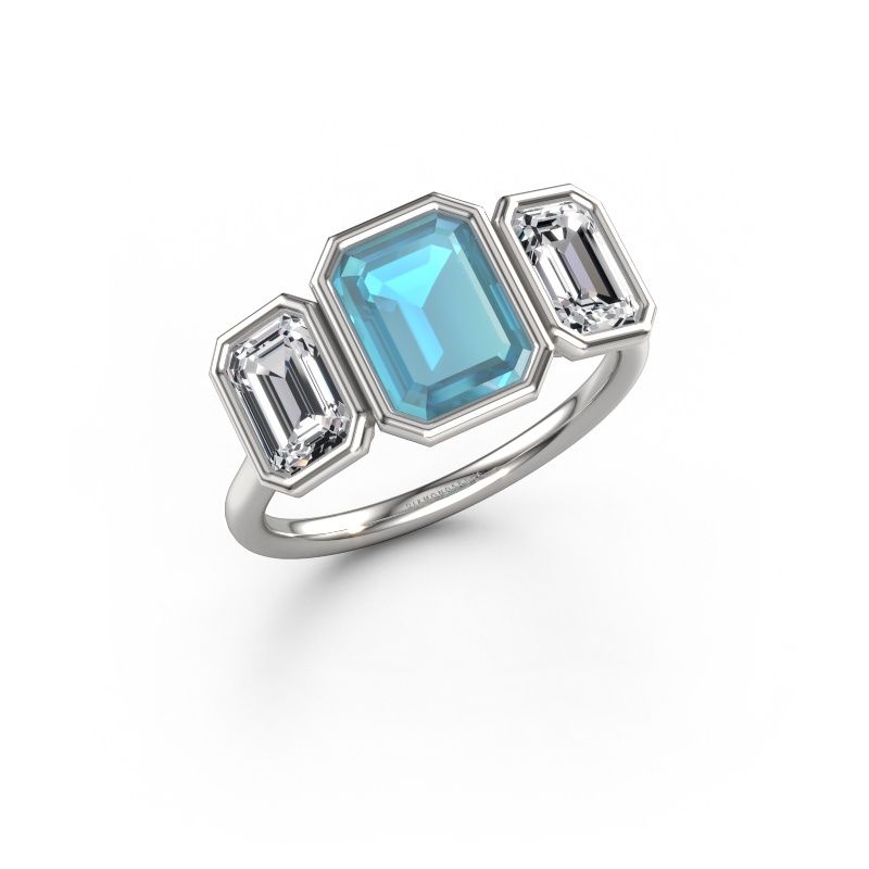 Bague de fiançailles Lavon 3 EME 585 or blanc topaze bleue 8x6 mm