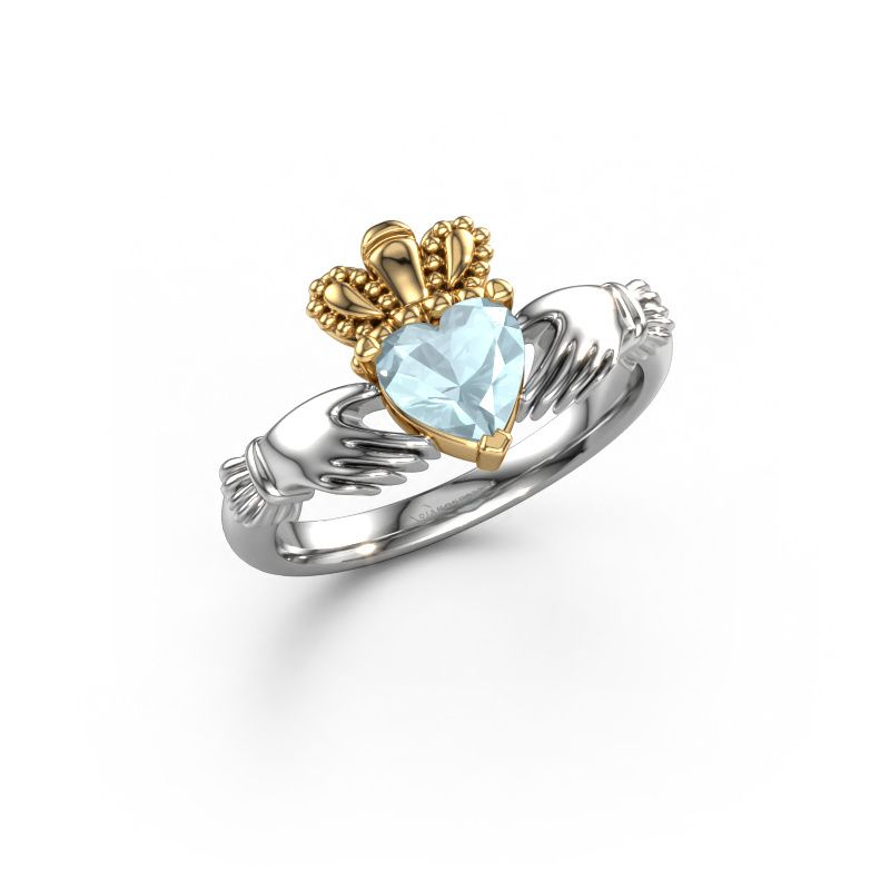 Ring Claddagh 2 585 witgoud aquamarijn 6 mm