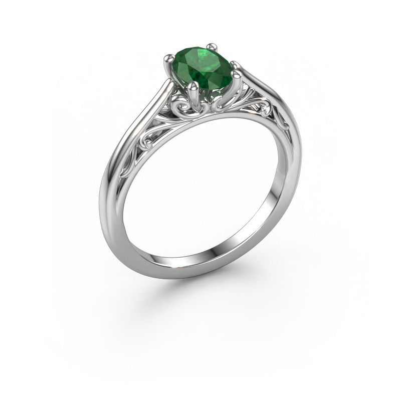 Aanzoeksring Shannon ovl 585 witgoud smaragd 7x5 mm