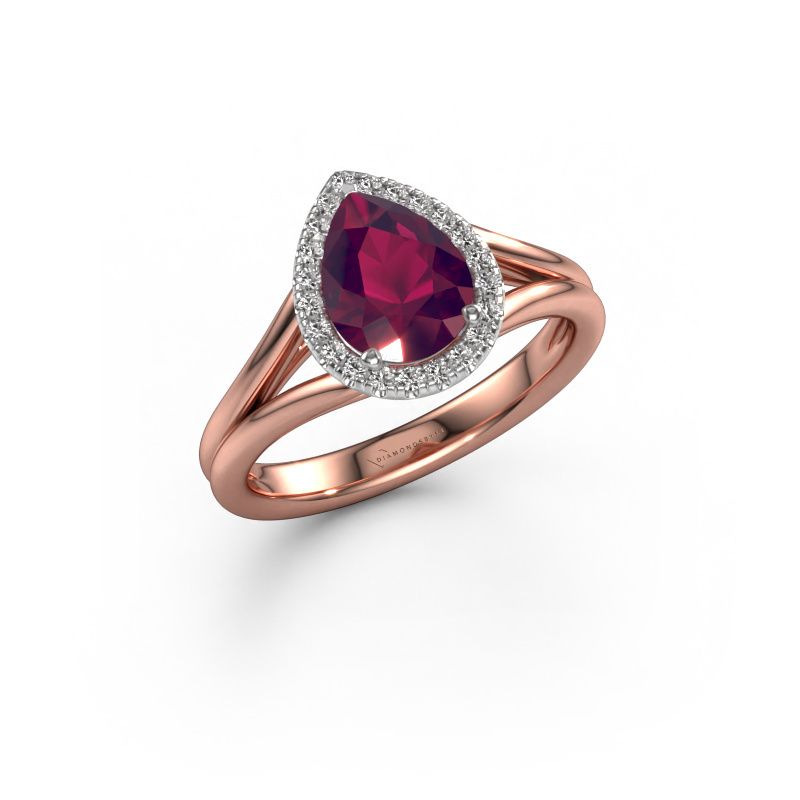 Verlovingsring Verla pear 1 585 rosé goud rhodoliet 8x6 mm