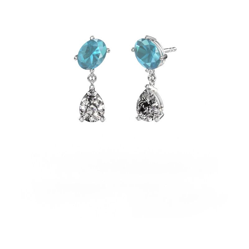 Boucles d'oreilles Toi et Moi OVL-PER 585 or blanc topaze bleue 8x6 mm