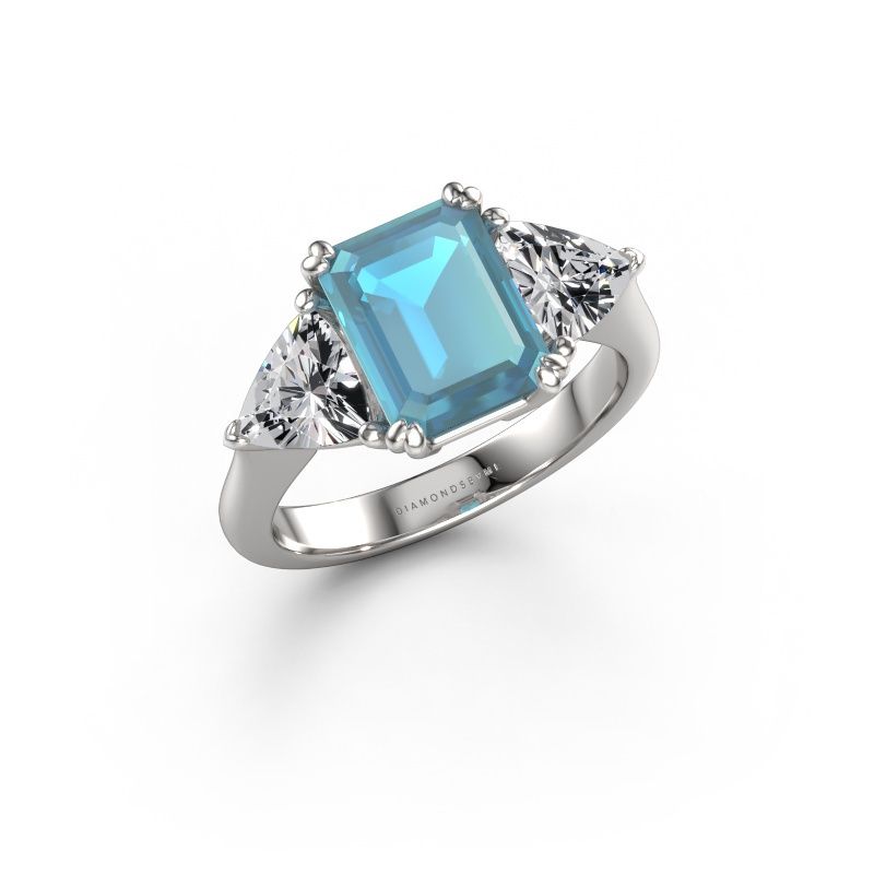Bague de fiançailles Paula 585 or blanc topaze bleue 9x7 mm
