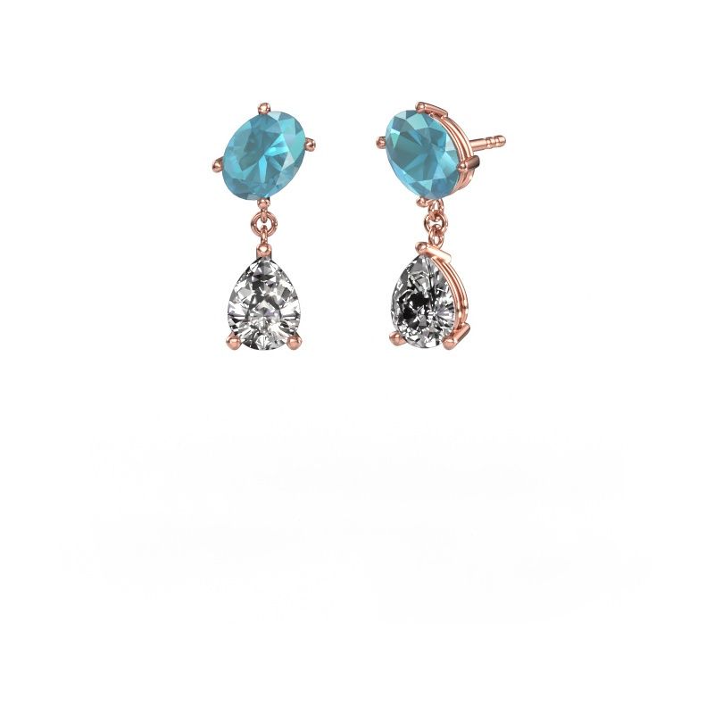 Boucles d'oreilles Toi et Moi OVL-PER 585 or rose topaze bleue 8x6 mm