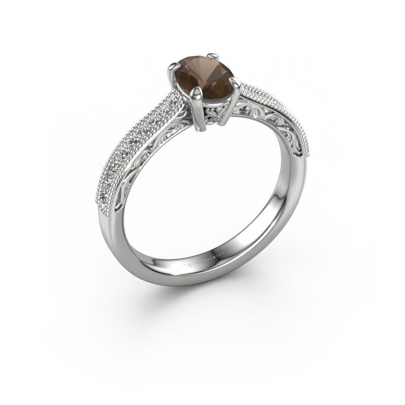 Bague de fiançailles Shonta OVL 585 or blanc quartz fumé 7x5 mm