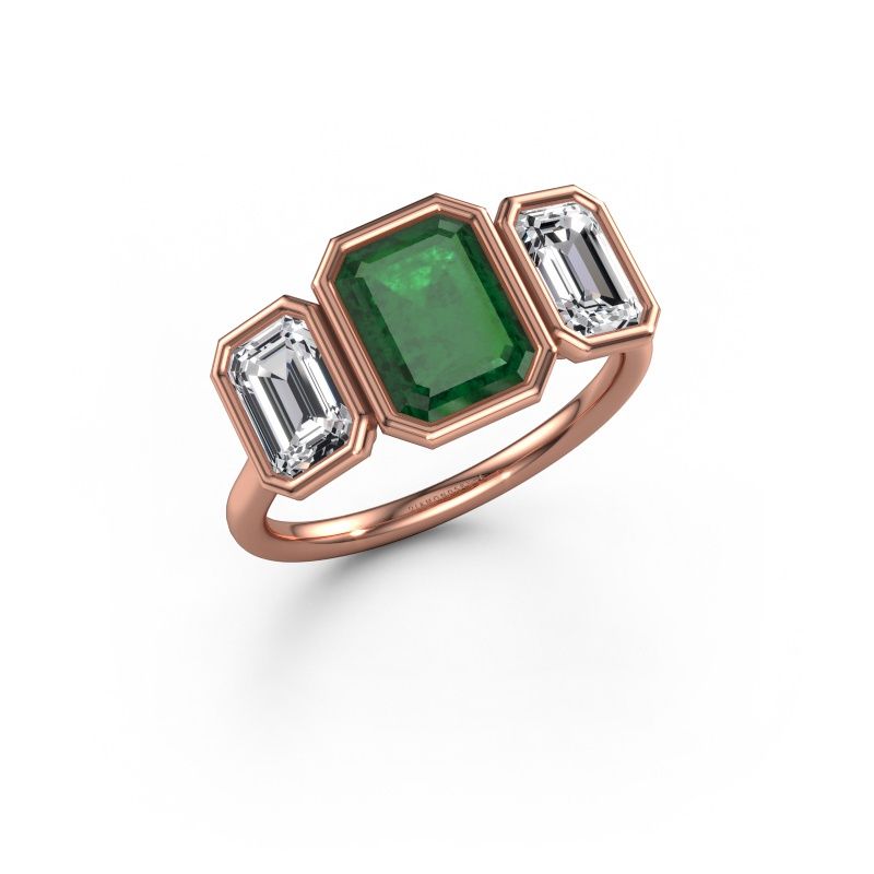 Verlovingsring Lavon 3 EME 585 rosé goud smaragd 8x6 mm