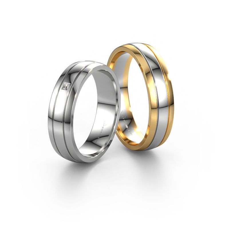 Trouwringen set WH0422LM25XP ±5x1.5 mm 14 Carat witgoud diamant 0.02 crt
