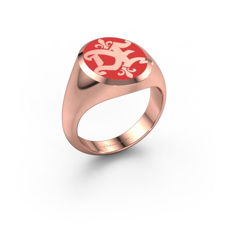 Monogram ring Xandro Emaille 585 rose gold red enamel