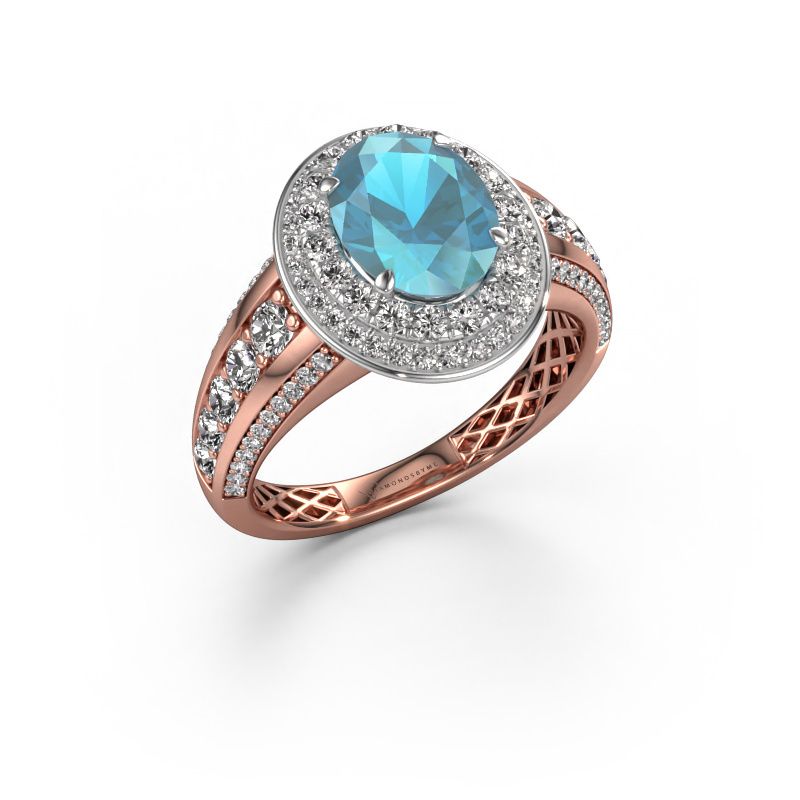 Verlovingsring Nancie 585 rosé goud blauw topaas 9x7 mm