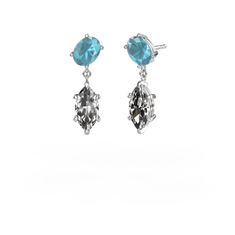Pendants d'oreilles Toi et Moi OVL-MRQ 585 or blanc topaze bleue 8x6 mm