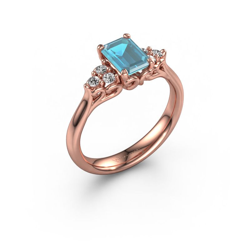 Aanzoeksring Myrna EME 585 rosé goud blauw topaas 6x4 mm