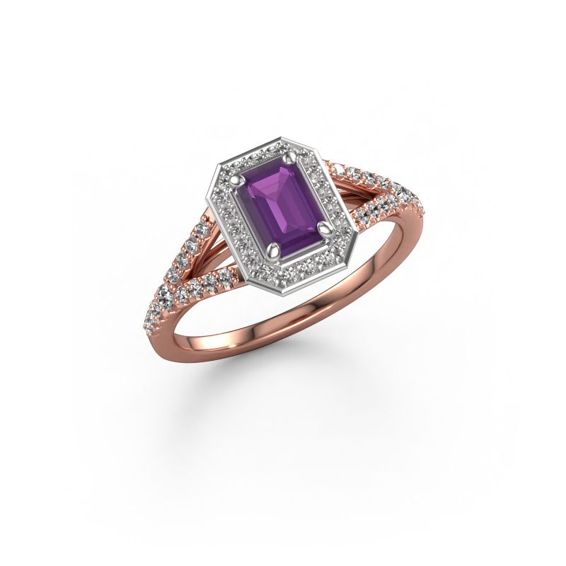 Bague de fiançailles Pamela EME 585 or rose améthyste 6x4 mm