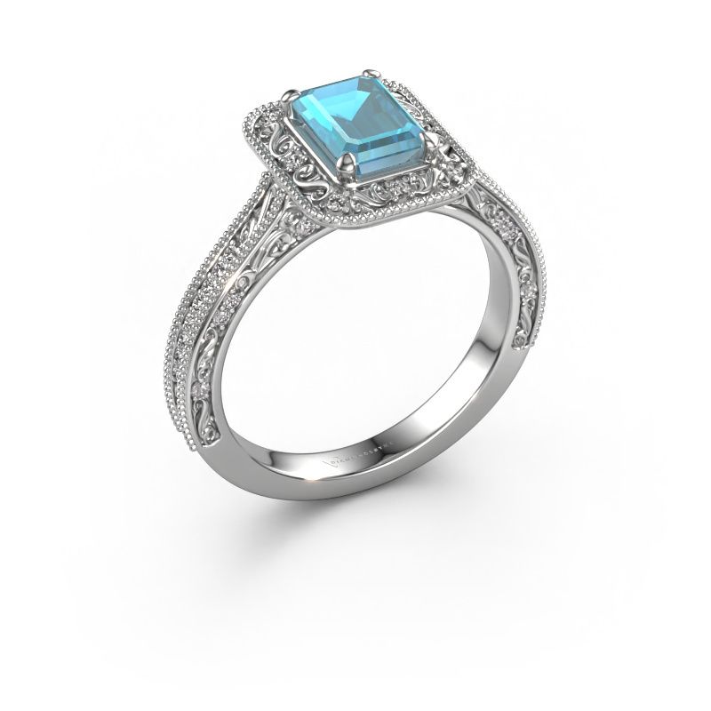 Verlovings ring Alice EME 950 platina blauw topaas 7x5 mm