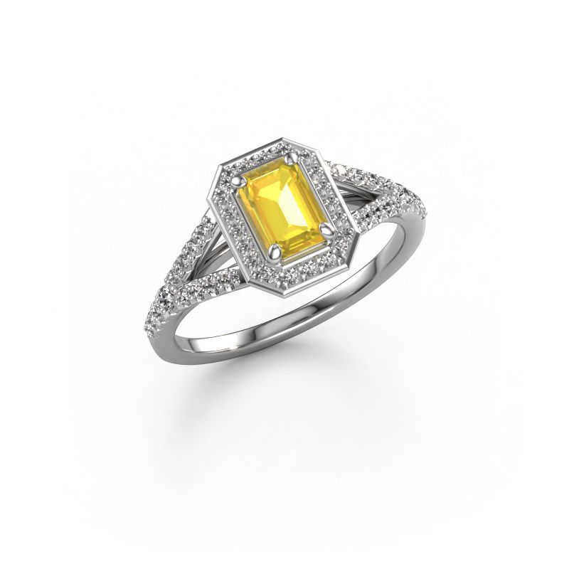 Verlovingsring Pamela EME 950 platina gele saffier 6x4 mm