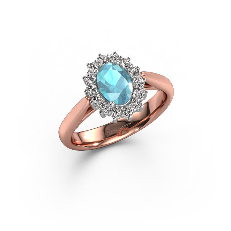 Verlovingsring Margien 1 585 rosé goud blauw topaas 7x5 mm