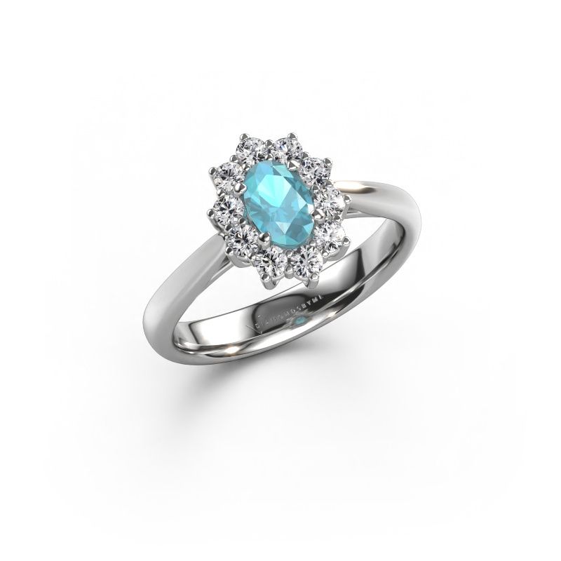 Verlovingsring Leesa 1 express 585 witgoud blauw topaas 6x4 mm